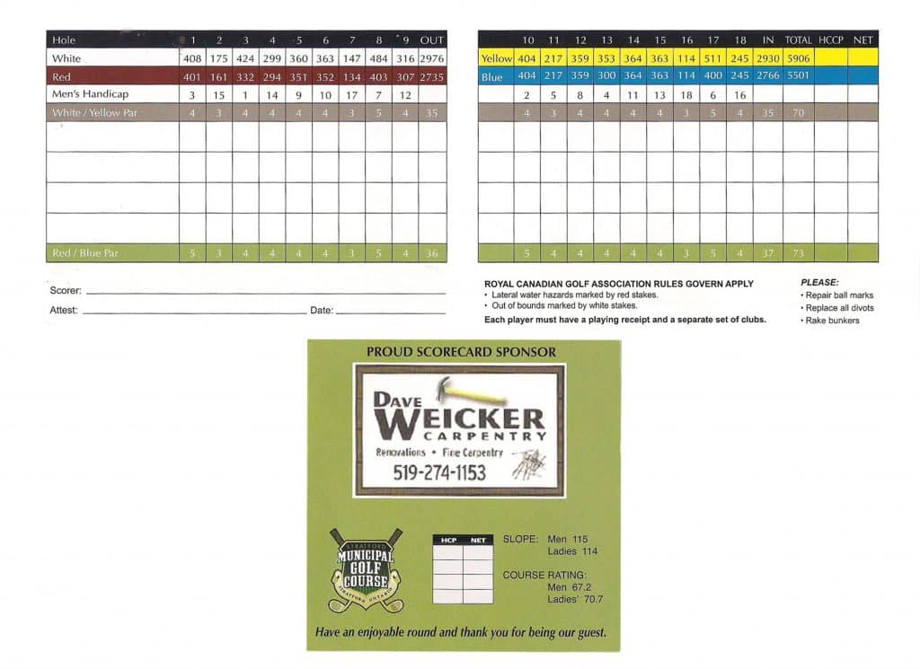 Scorecard stratford municipal golf course